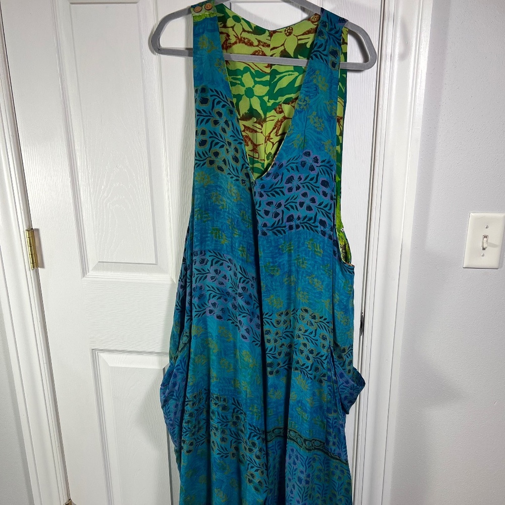 Kantha Bae Jumpsuit bright blues & greens, pockets, reversable. Like New